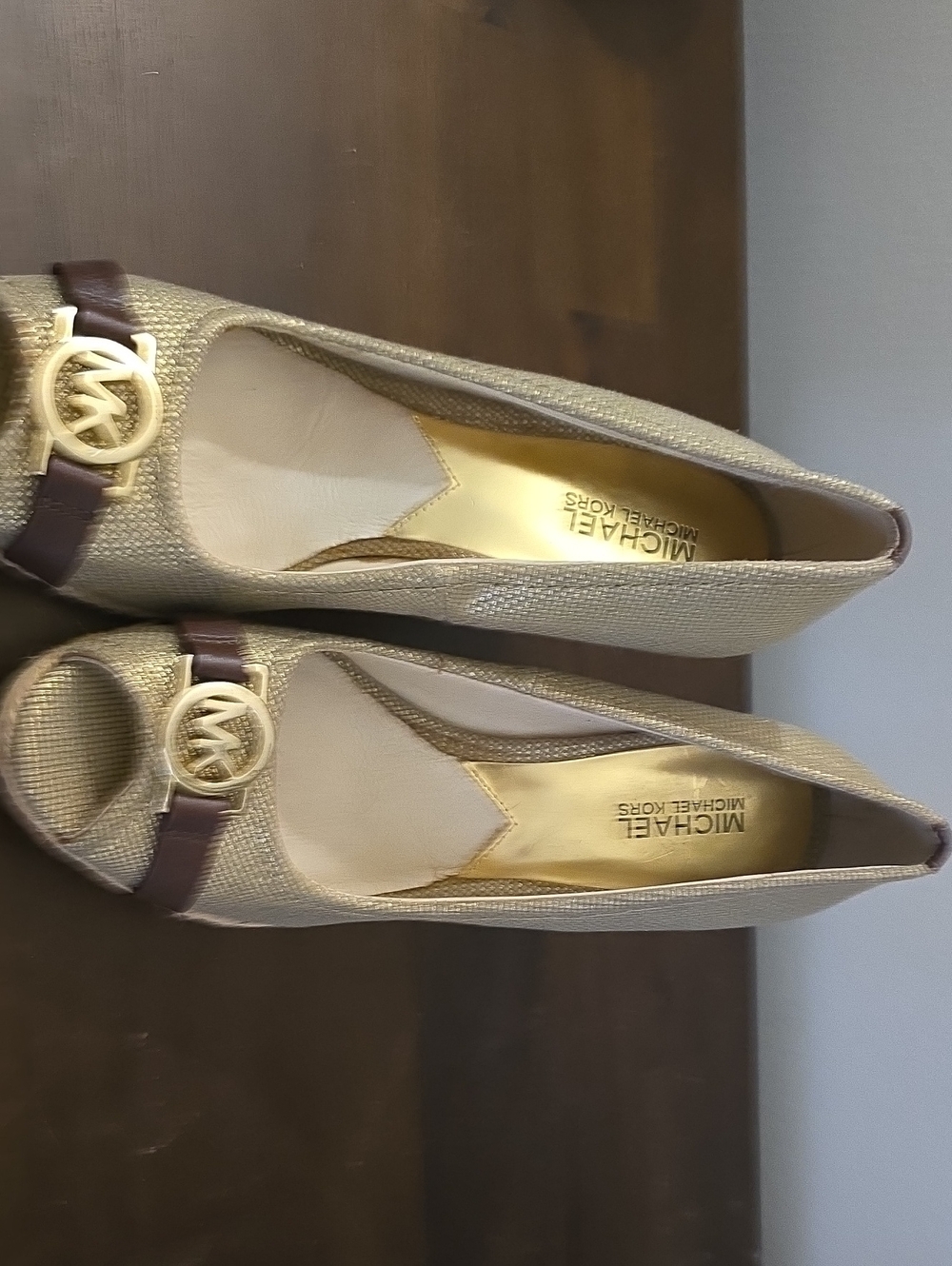 Michael Kors Metallic Gold and Brown Logo Buckle Flats